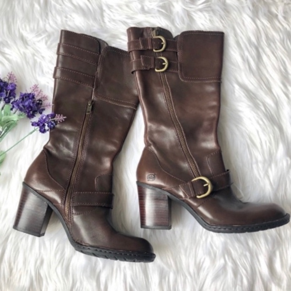 Born Treddy Brown Leather Heeled Boots Buckles 7.5